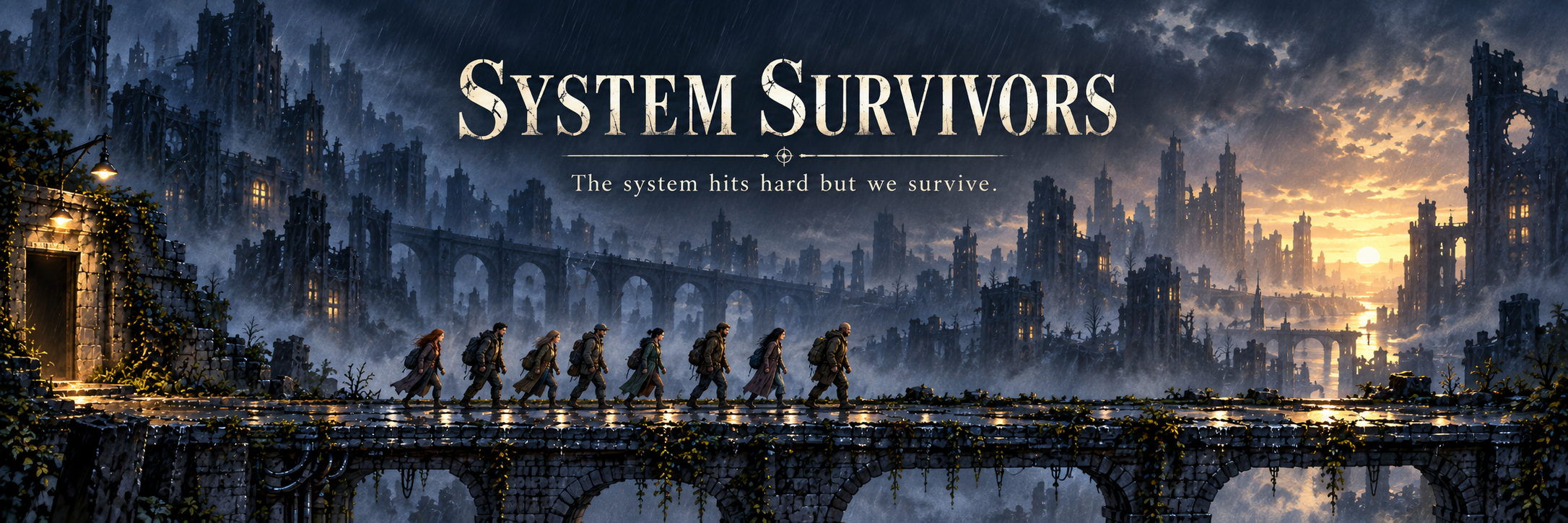 System Survivors survivors crossing a ruined city